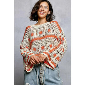 Boat Neck Long Sleeve Crochet Top with Granny Square Weaving